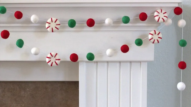 Peppermint Felt Christmas Garland- Red, Kelly Green, White