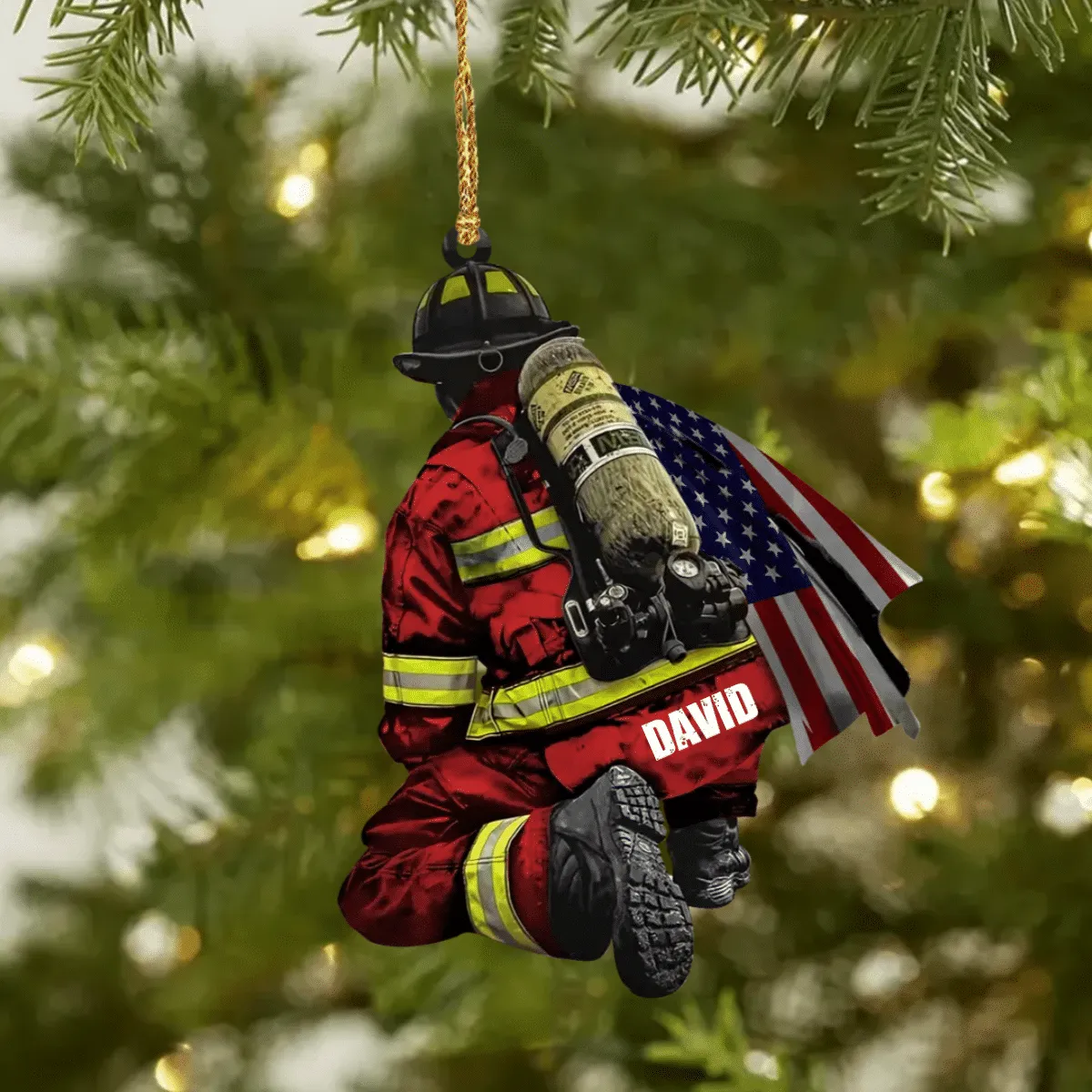 Personalized Firefighter and Fire Extinguisher Christmas Ornament for Fireman, US Flag Firefighter Ornament