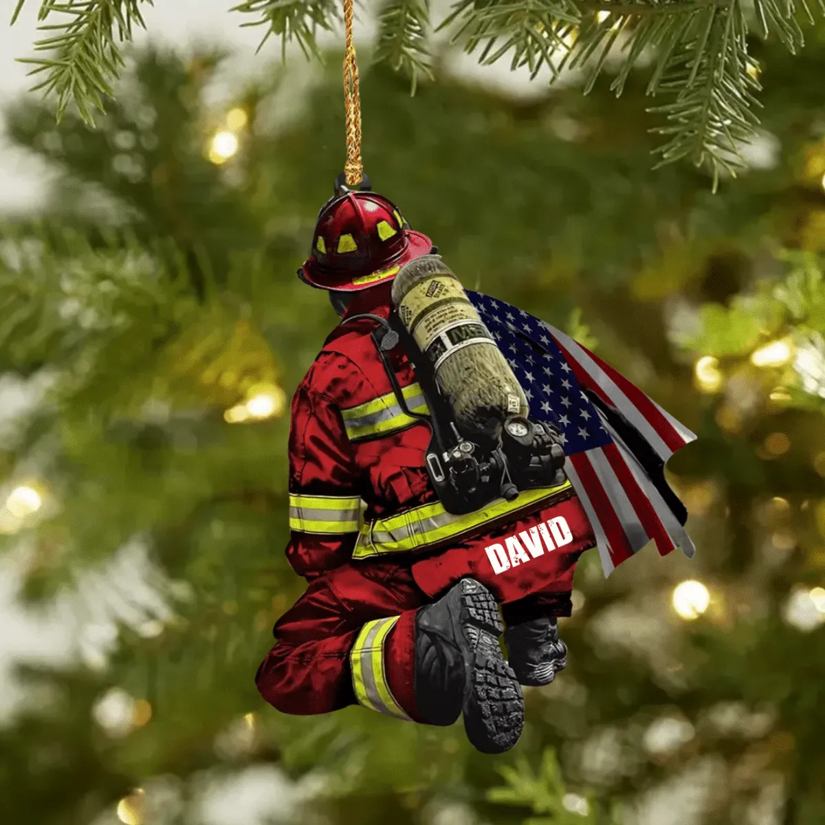 Personalized Firefighter and Fire Extinguisher Christmas Ornament for Fireman, US Flag Firefighter Ornament