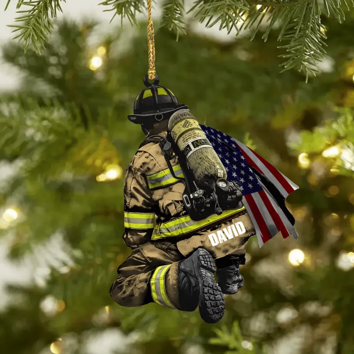 Personalized Firefighter and Fire Extinguisher Christmas Ornament for Fireman, US Flag Firefighter Ornament