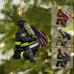 Personalized Firefighter and Fire Extinguisher Christmas Ornament for Fireman, US Flag Firefighter Ornament
