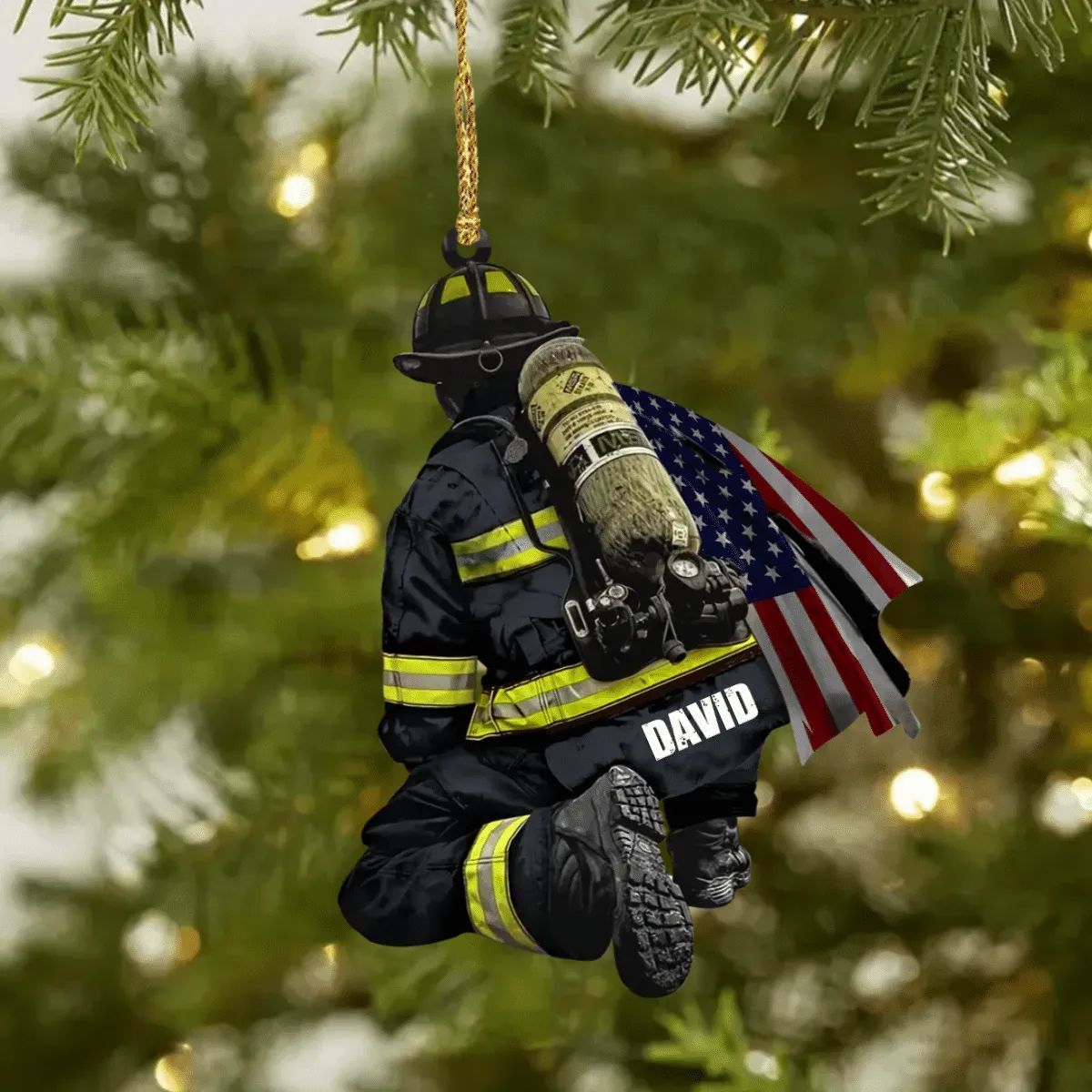 Personalized Firefighter and Fire Extinguisher Christmas Ornament for Fireman, US Flag Firefighter Ornament