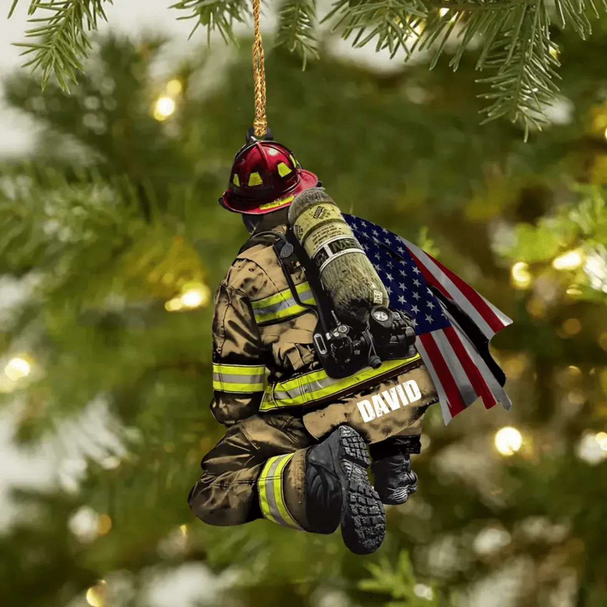 Personalized Firefighter and Fire Extinguisher Christmas Ornament for Fireman, US Flag Firefighter Ornament