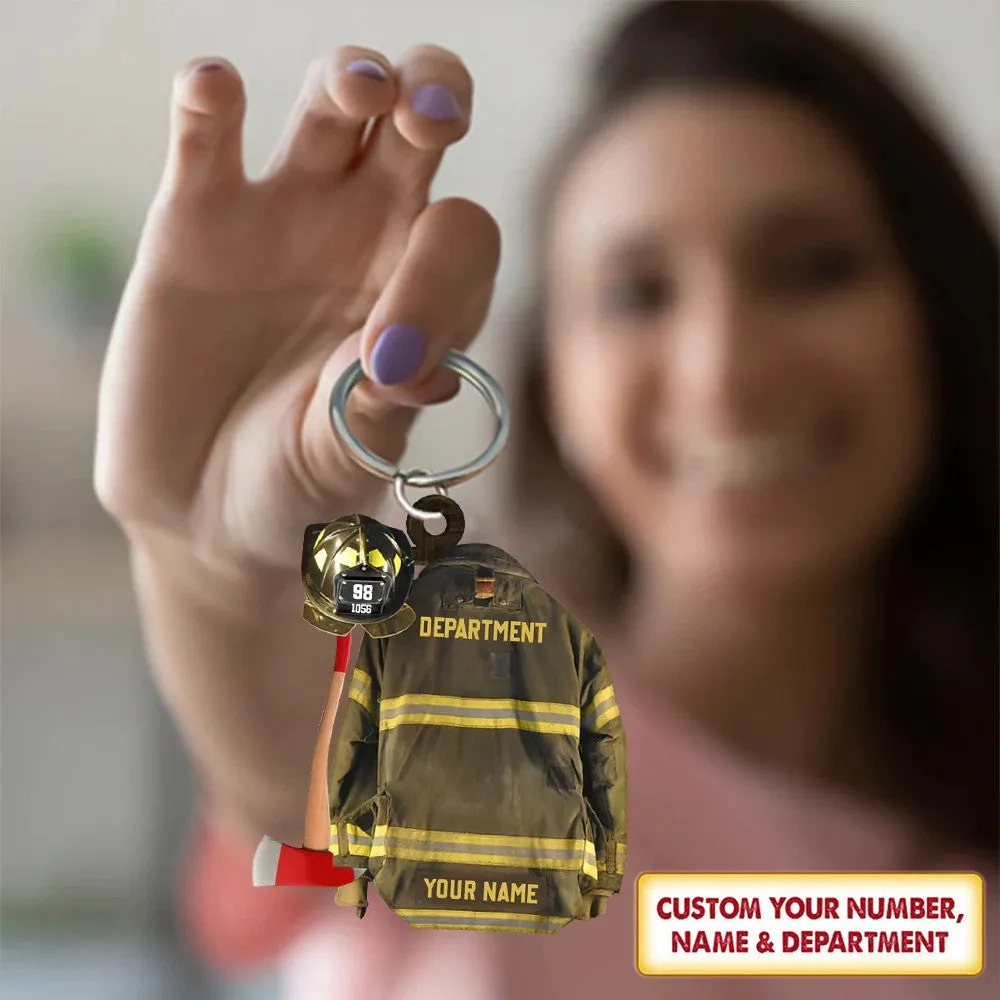 Personalized Firefighter Armor Shaped Flat Acrylic Keychain, Firefighter Outfit Uniform Helmet Keychain