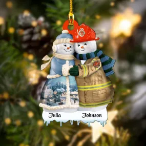 Personalized Firefighter Snowman Couple Ornament for Fireman, Firefighter Christmas Acrylic Ornament for Husband