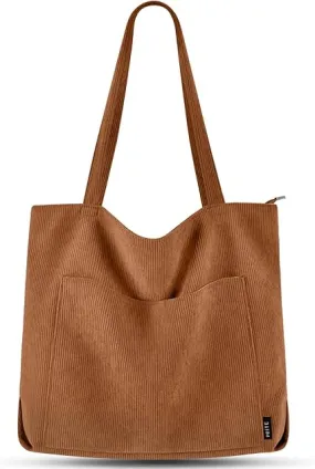 Prite Corduroy Tote Bag for Women Large Shoulder Bag with Zipper and Pockets for College School Work Travel Shopping