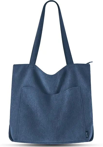 Prite Corduroy Tote Bag for Women Large Shoulder Bag with Zipper and Pockets for College School Work Travel Shopping