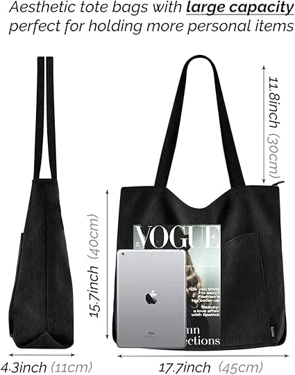 Prite Corduroy Tote Bag for Women Large Shoulder Bag with Zipper and Pockets for College School Work Travel Shopping