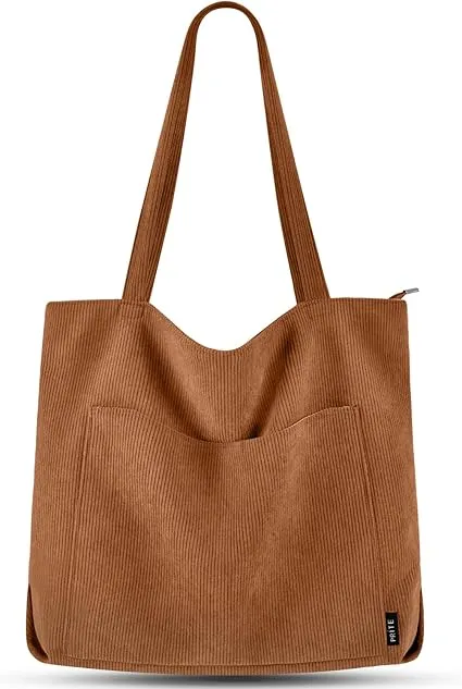 Prite Corduroy Tote Bag for Women Large Shoulder Bag with Zipper and Pockets for College School Work Travel Shopping