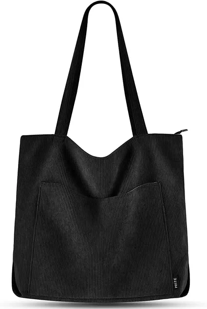 Prite Corduroy Tote Bag for Women Large Shoulder Bag with Zipper and Pockets for College School Work Travel Shopping