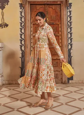 Rang Ivory Printed Viscose Silk Designer Dress for Women