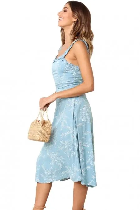 Sky Blue Botanical Print Summer Dress