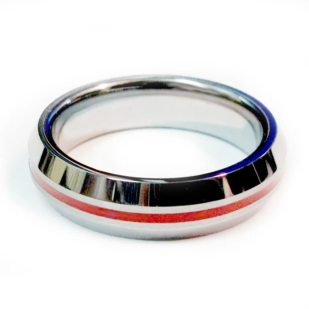 Thin Red Line Firefighter Ring - Beveled Silver Tungsten Carbide