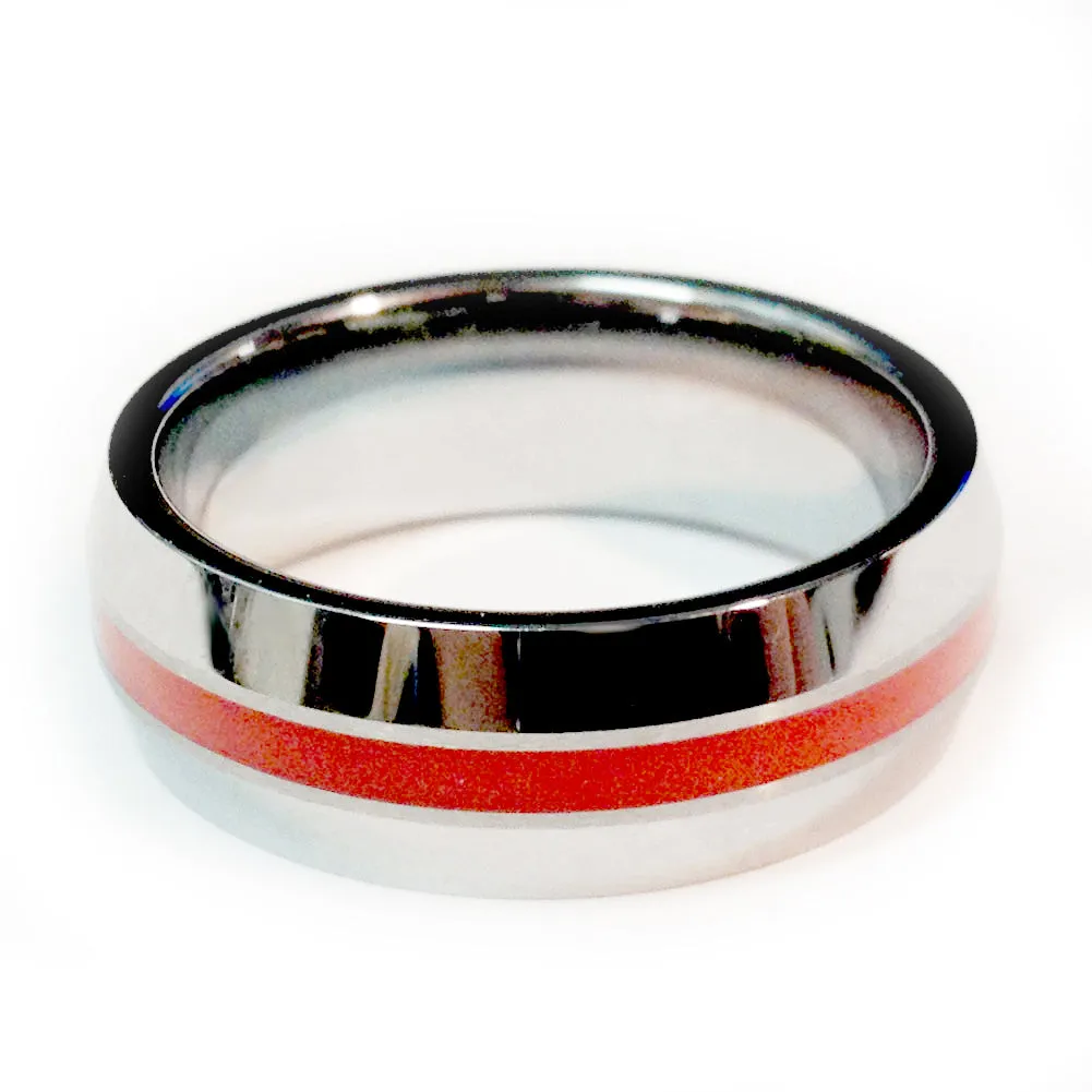 Thin Red Line Firefighter Ring - Beveled Silver Tungsten Carbide