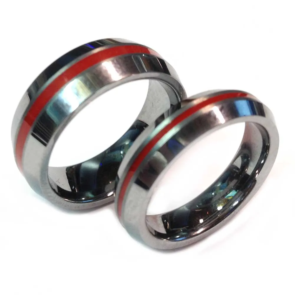 Thin Red Line Firefighter Ring - Beveled Silver Tungsten Carbide