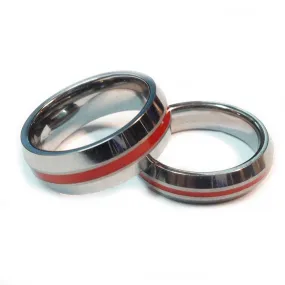 Thin Red Line Firefighter Ring - Beveled Silver Tungsten Carbide