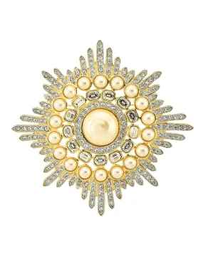 Valentino Vintage Huge Rhinestone & Pearl Gold Burst Brooch