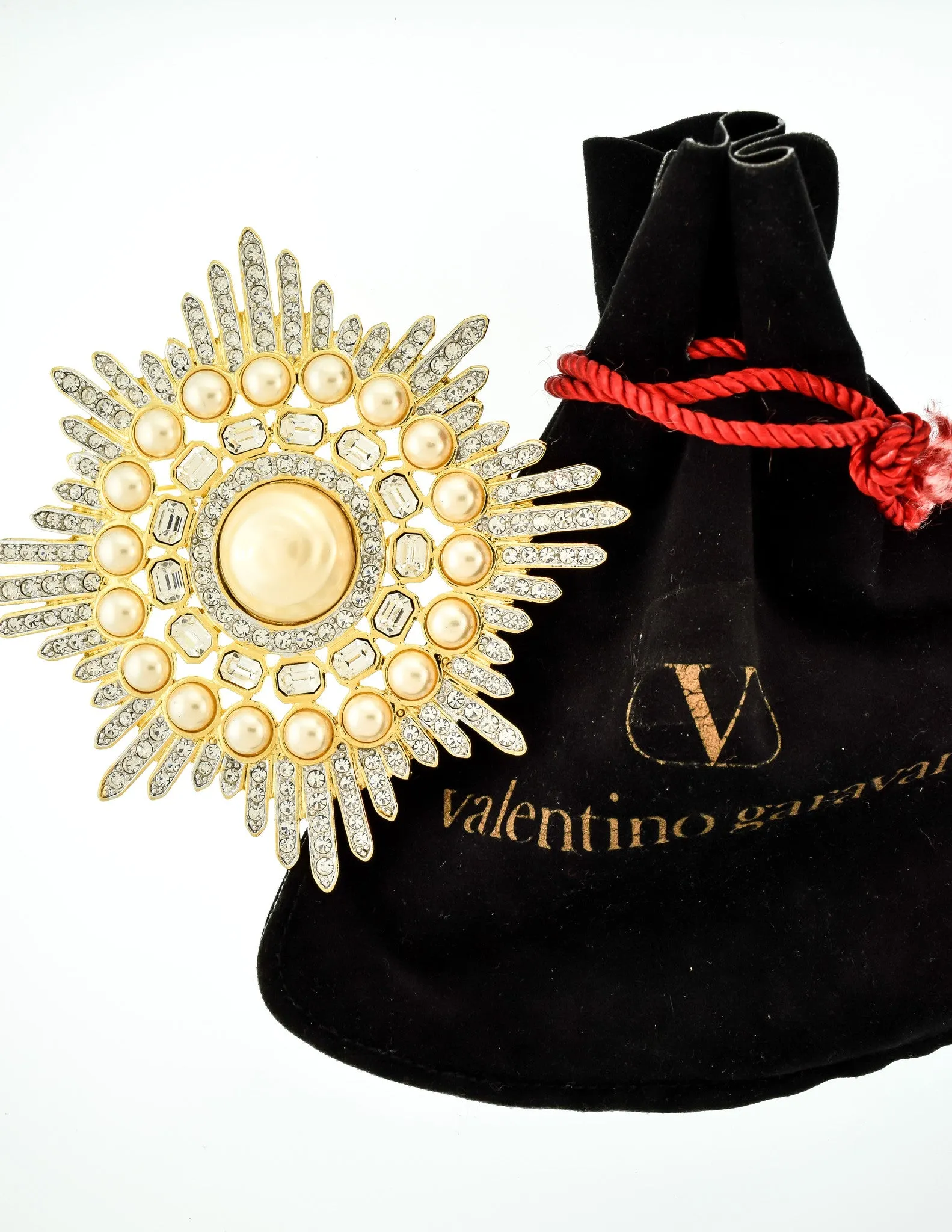 Valentino Vintage Huge Rhinestone & Pearl Gold Burst Brooch
