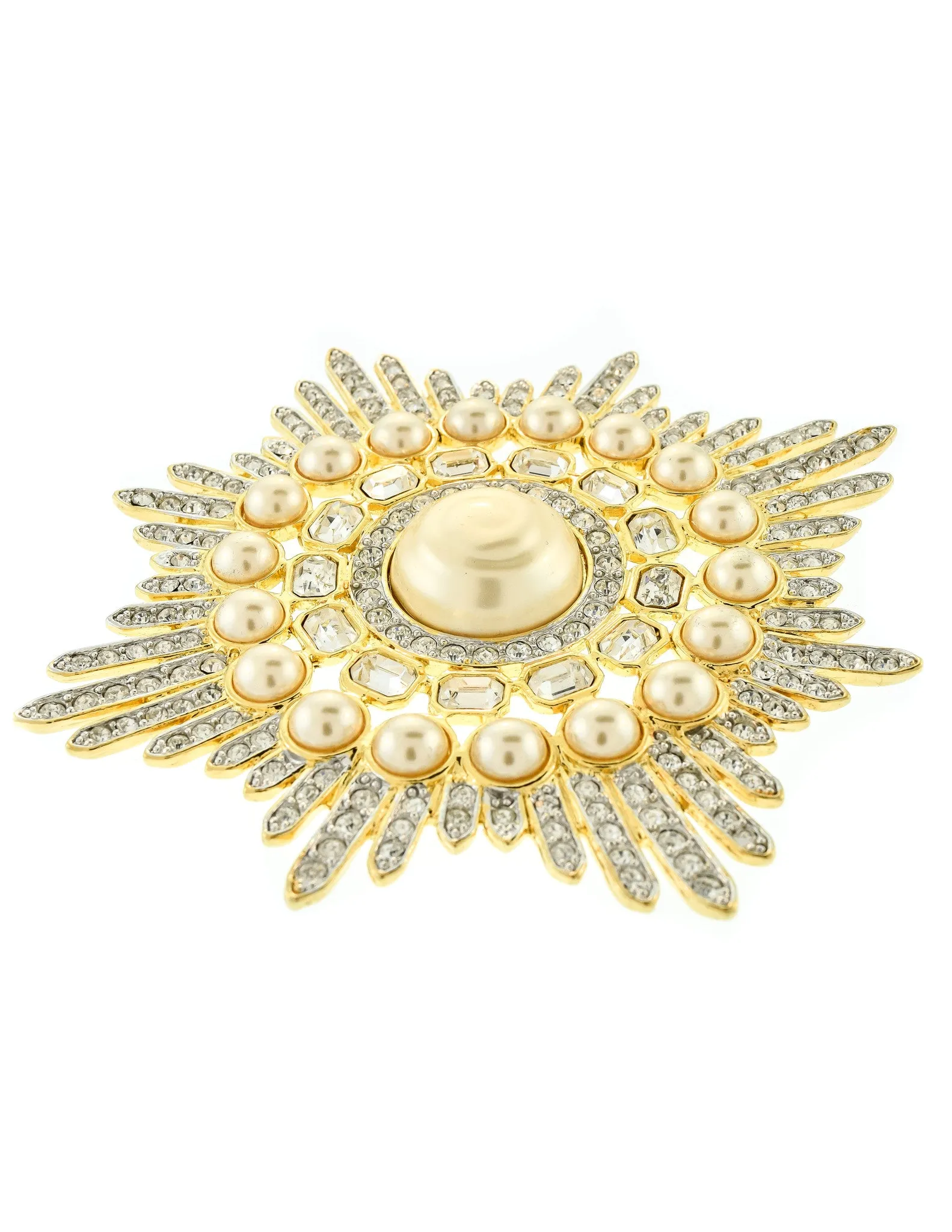Valentino Vintage Huge Rhinestone & Pearl Gold Burst Brooch