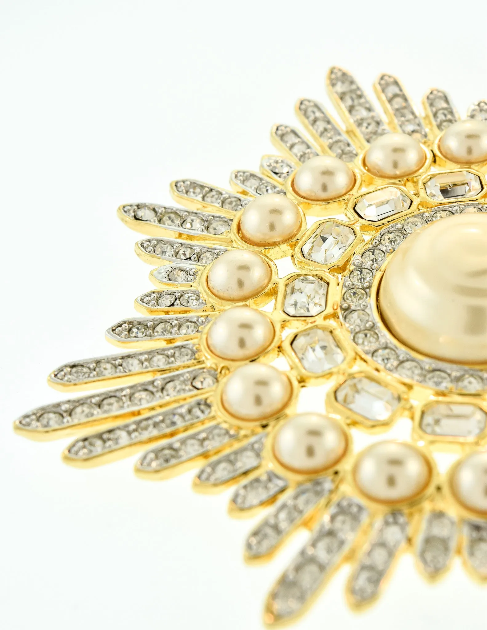 Valentino Vintage Huge Rhinestone & Pearl Gold Burst Brooch