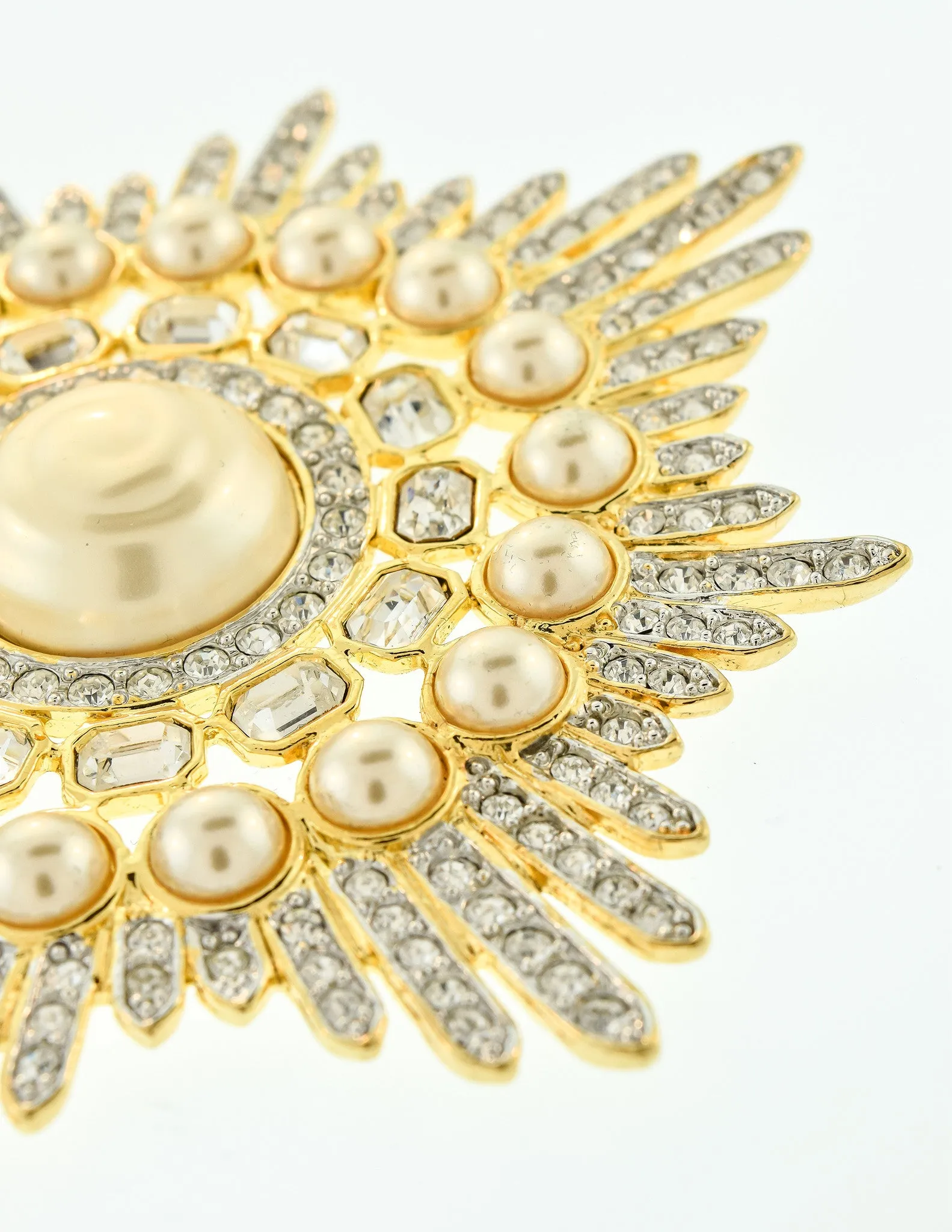 Valentino Vintage Huge Rhinestone & Pearl Gold Burst Brooch