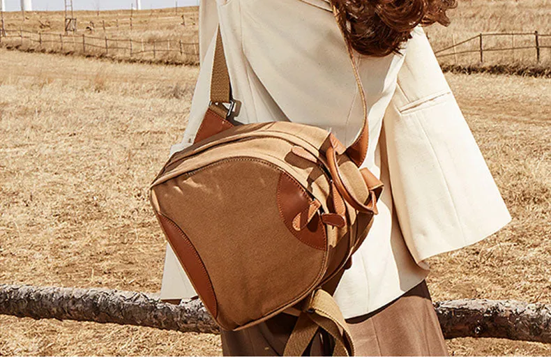 Vintage Ladies Small Canvas and Leather Backpack Bags Rucksack Purses for Women