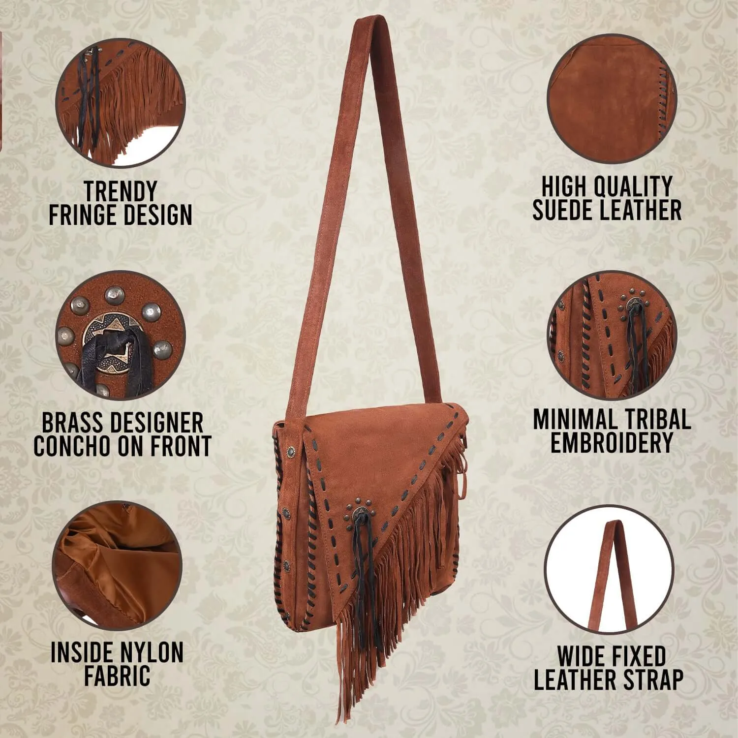 Western Style Handcrafted Suede Fringe Purse Crossbody with Fixed Strap