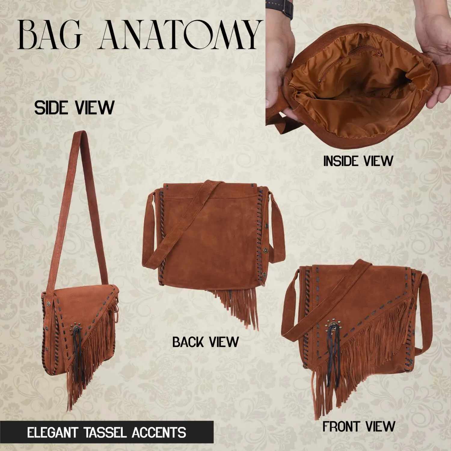 Western Style Handcrafted Suede Fringe Purse Crossbody with Fixed Strap