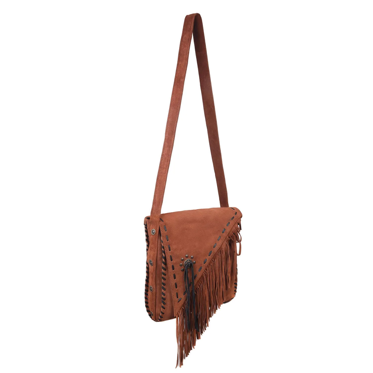 Western Style Handcrafted Suede Fringe Purse Crossbody with Fixed Strap