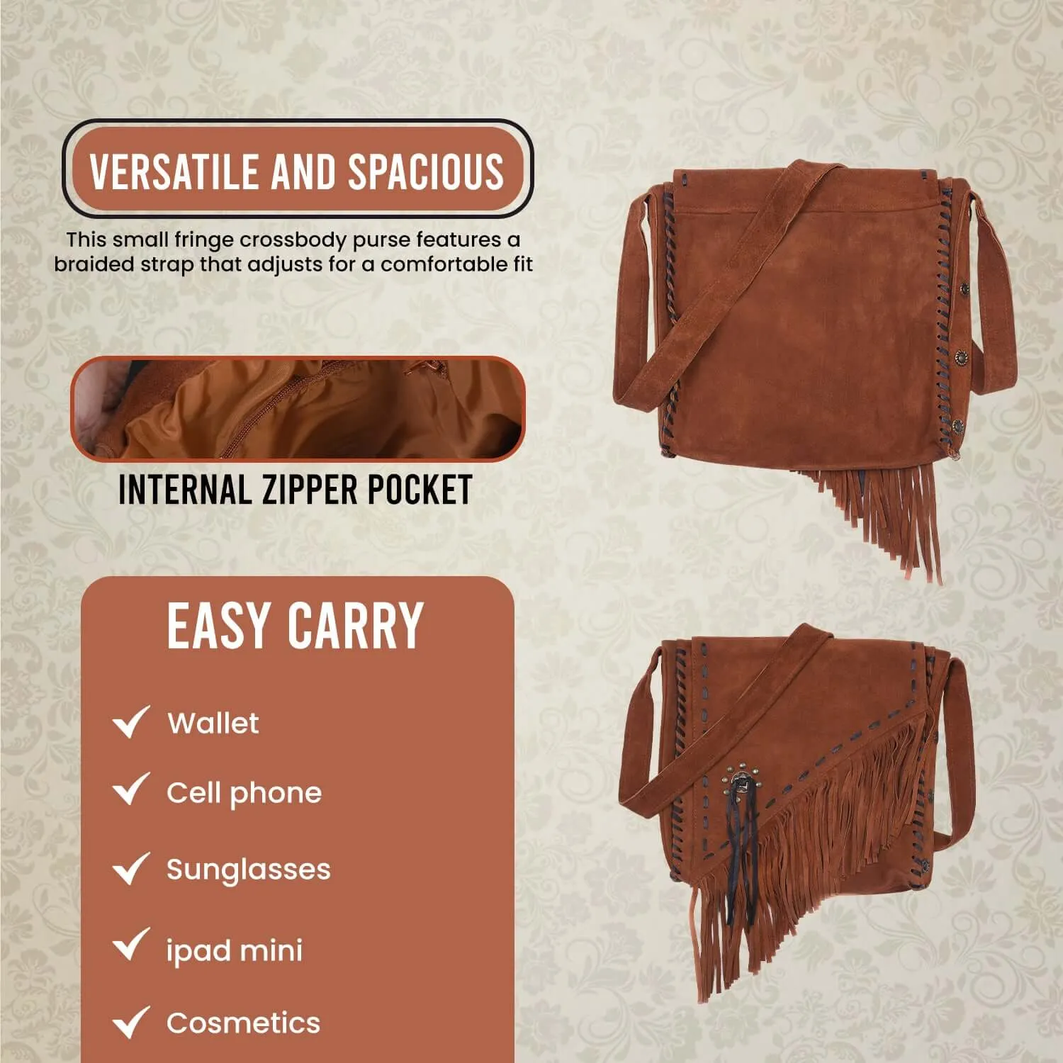 Western Style Handcrafted Suede Fringe Purse Crossbody with Fixed Strap