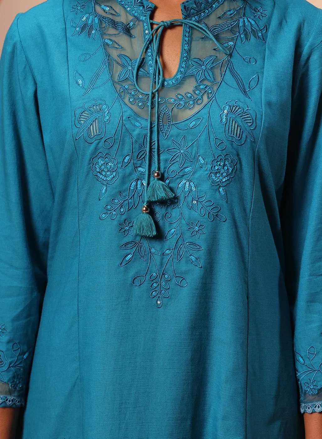 Zara Teal Cotton Linen Embroidered Kurta Set for Women
