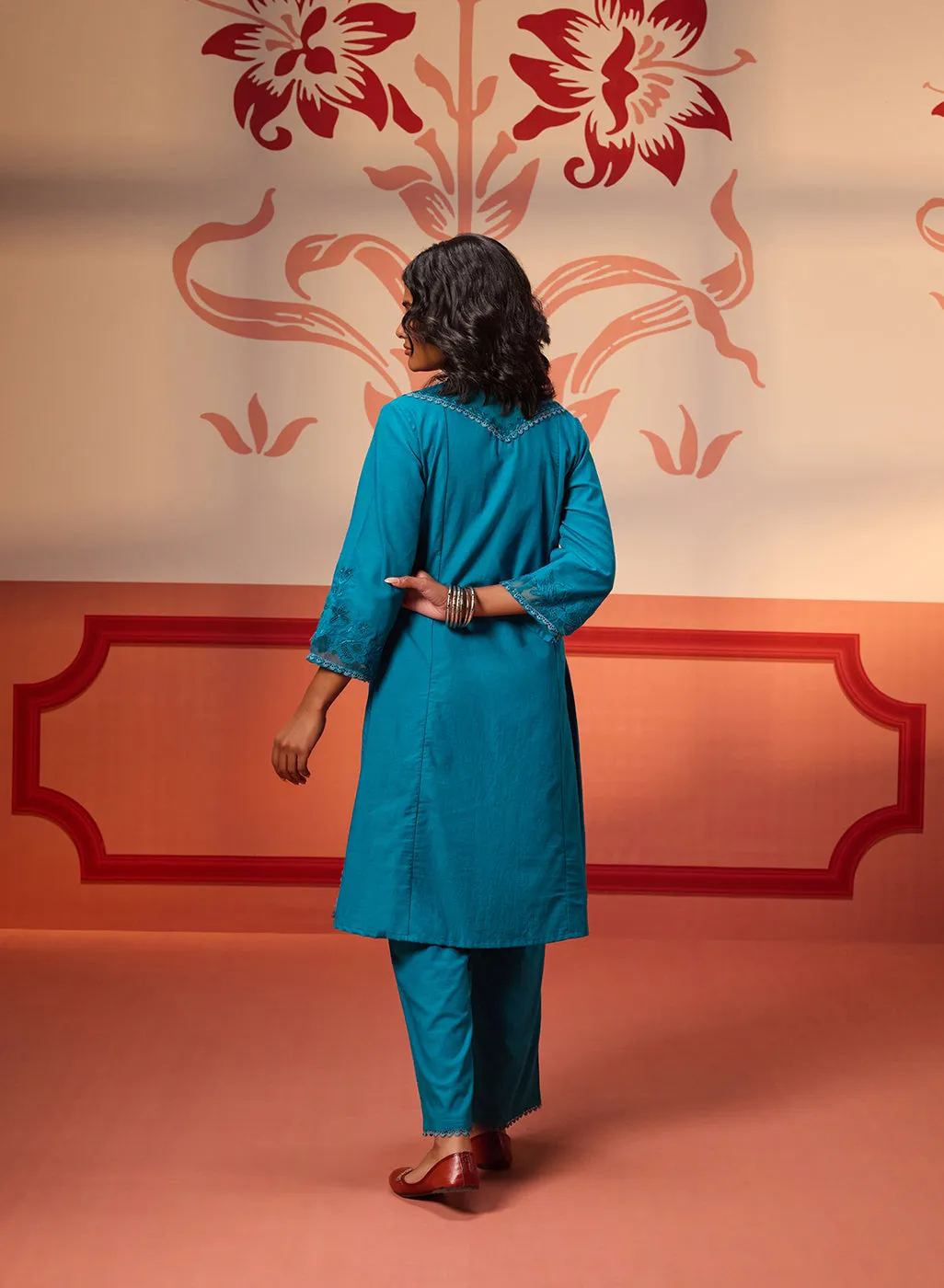 Zara Teal Cotton Linen Embroidered Kurta Set for Women